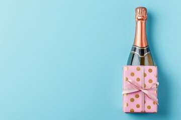 Elegant champagne gift set wrapped in pink polka dot paper against a soft blue pastel background