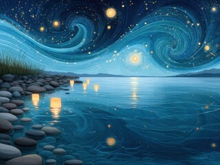 Tranquil Night Lake with Lanterns, Starry Sky and Reflections, Serene Scene