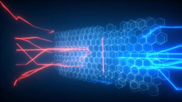 Futuristic AI firewall command core actively blocking malicious network traffic, glowing blue security sphere intercepts red cyber attack data packets, real-time threat analysis holographic interface