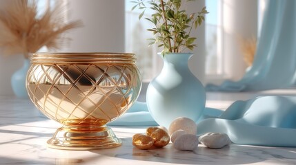 Elegant Still Life with Gold Bowl, Vase and Decorative Objects