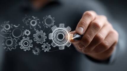 Business hand controls digital gears with stylus for automation and optimization in workflow systems using AI technology for process improvement
