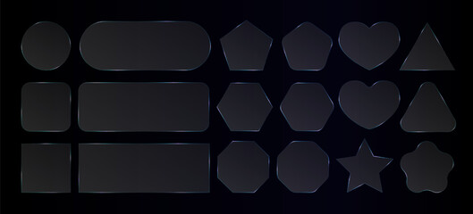 Transparent glass effect frame. 3d light plastic texture, gradient vector rectangle. Square abstract glossy plate, screen panel. Clear crystal blur shape, futuristic button reflect. Neon text overlay