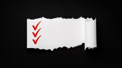 Torn paper with three red checkmarks on black background