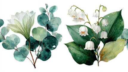 Watercolor leaf and flower illustration showcasing botanical elements in a minimal style from a high-quality collection