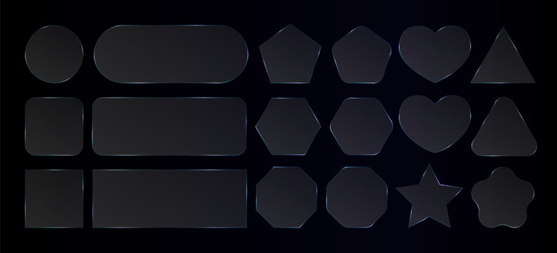 Transparent glass effect frame. 3d light plastic texture, gradient vector rectangle. Square abstract glossy plate, screen panel. Clear crystal blur shape, futuristic button reflect. Neon text overlay