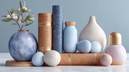 Artistic Still Life with Books, Vases and Decorative Spheres