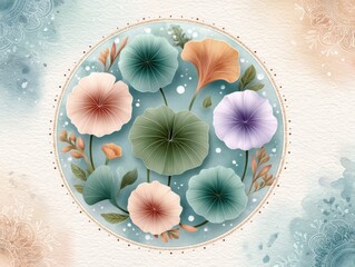 Watercolor Floral Arrangement in Circle with Pastel Colors