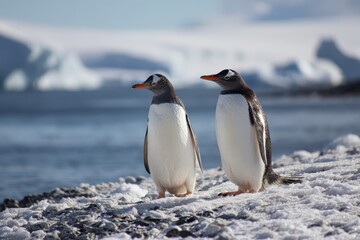 Obraz premium Two Gentoo penguins on a snowy rocky shore under a clear blue sky