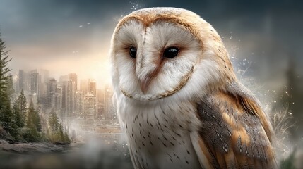 Barn Owl Portrait Against City Skyline & Forest Backdrop