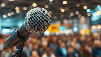 Conference event with business people attending training session and speaker presenting in front of audience in hall