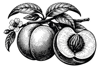 Hand drawn line art illustration of peaches depicting whole and halved fruit on a branch with a flower and leaves for botanical design