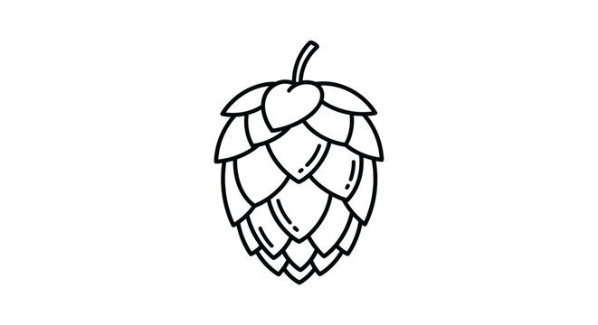 Black and white line art illustration of a single hop cone used for brewing beer isolated on a plain white background.