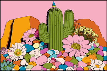 Colorful Cactus Landscape with Vibrant Flowers
