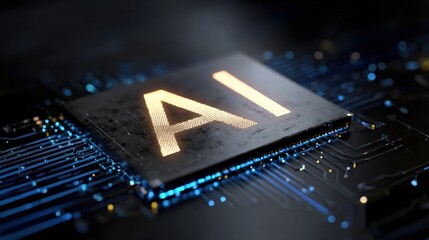 A close-up of a circuit board with the letters "AI" illuminated, representing artificial intelligence and technology.