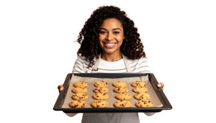 Woman Baking Fresh Chocolate Chip Cookies isolated on solid background in Png