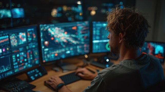 Specialist monitors cyber defense activities using multiple screens and modern tools for network security and threat detection in a control room setting - Powered by Adobe