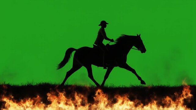 UHD Silhouette of Horse Rider Galloping on Green Screen for New Year 2026 VFX