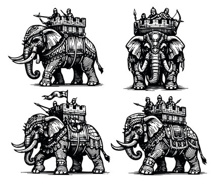 Hand drawn line art war elephant set featuring armored elephants with soldiers in howdahs for historical military concepts