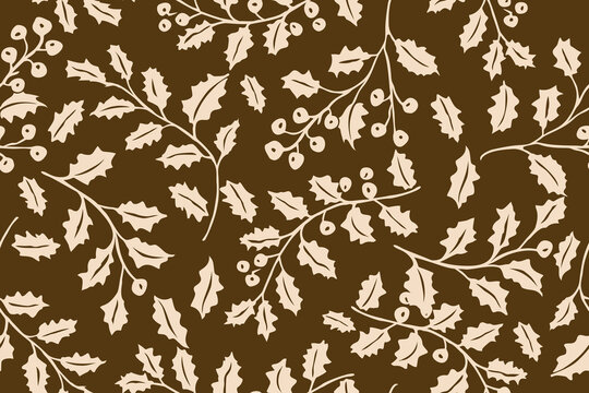 A seamless botanical pattern with cream holly leaves and berries on a deep brown background, creating a cozy, elegant nature design with a vintage feel.
