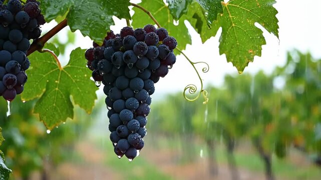 Close up of ripe dark grapes hanging on a vine with water droplets.