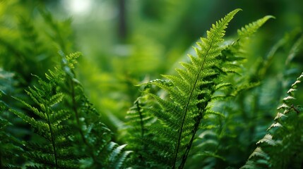 Verdant fern foliage background with layered leaves and soft bokeh
