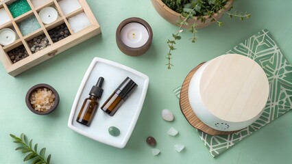 Top view of holistic wellness kit with essential oil bottles, aromatic candle, and green leaves on mint background, AI generated