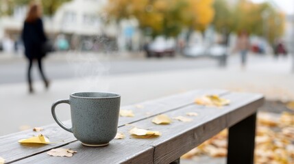 Cozy autumn scene with steaming coffee mug on wooden bench surrounded by yellow leaves, urban background blurred, capturing warm and serene fall atmosphere
