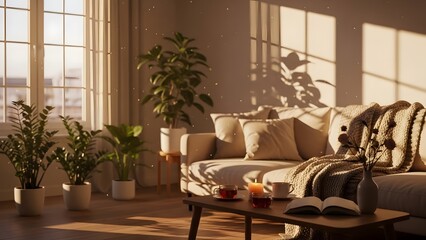 Fototapeta premium A cozy living room with a couch and plants on a sunny Valentines day morning