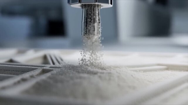Ultra-detailed macro automated 3D printing system precisely depositing fine sand grains form complex parametric architectural structures, robotic nozzle mathematical accuracy, grains aligning 4k