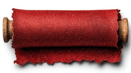 Red glitter christmas paper scroll with ripped edge on white background shows texture and sparkle for holiday wrapping ideas or craft projects
