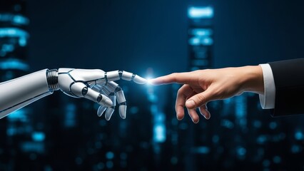 Human hand touches robotic hand symbolizing technology and human connection in digital world
