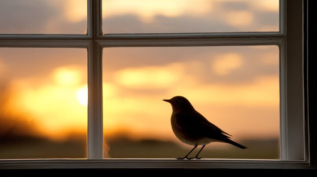 Silhouette of a small bird perched on a window ledge at sunset with warm tones illuminating a cloudy sky and empty space on the right for text