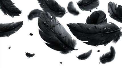 Flying black feathers isolated on white background with a natural look suitable for various creative projects and designs