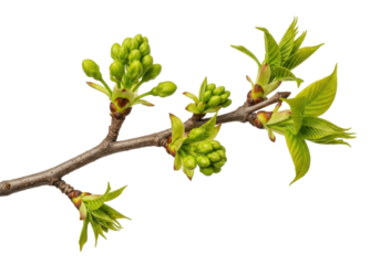 Detailed dry brown tree branch with bright green spring buds and young delicate unfurling leaves, isolated on a transparent background, shadowless macro studio photo, concept of new life and growth