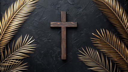 Wooden cross with palm leaves