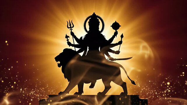 Goddess Durga devotional wallpaper with silhouette, subtle light rays, smoke, and floating particles