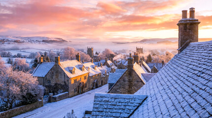 Snowy English Village at Sunrise with Frosted Stone Cottages