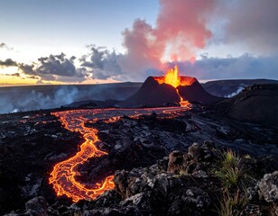 Erupting volcano with fiery lava flowing into the dark landscape at dusk