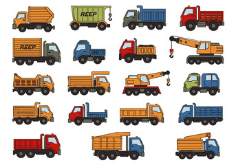 Collection of colorful cartoon trucks and construction vehicles, including dump trucks, cranes, and flatbeds, isolated on white background. © Indhgraphy Visual