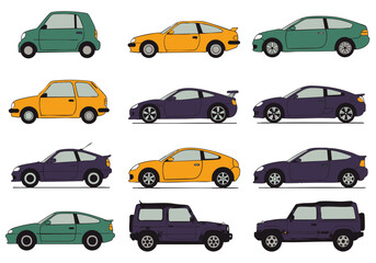 Fototapeta premium Vector illustration set of cartoon cars, showcasing a variety of vehicle types including compact, sports, and SUV models in a flat design style.