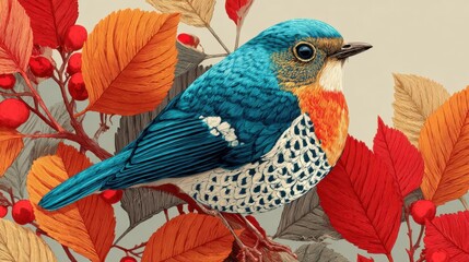 Beautiful blue bird on autumn branch with red berries