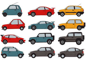 Fototapeta premium A vibrant collection of diverse cartoon cars, featuring various models, colors, and styles, including sedans, hatchbacks, and SUVs, isolated on white.