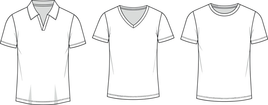 Technical Flat Vector Illustration Set Featuring Blank Men's Short Sleeve Polo Shirt V-Neck Tee and Classic Round Neck Crewneck T-Shirt