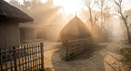 Sun Rays Through Fog Over Bamboo Fence on Winter Morning in Village