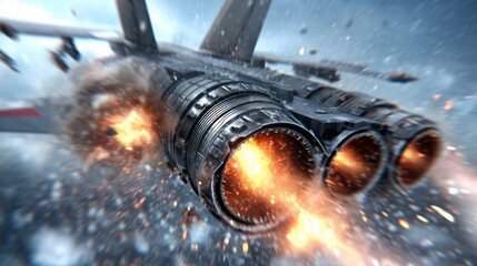 Fighter jet in action launches powerful engines during military operation in the sky at dawn