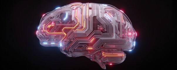 A futuristic brain design featuring a circuit board pattern, illuminated with vibrant lights against a dark background, symbolizing technology and intelligence.