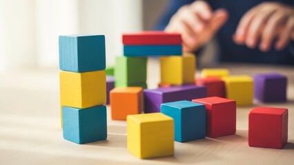 Obraz premium Children Playing with Colorful Wooden Blocks.