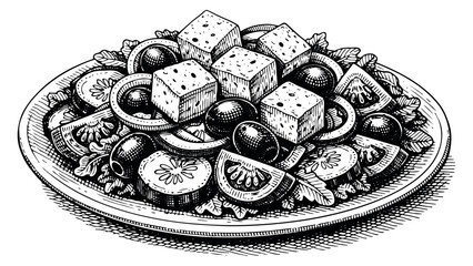 Hand drawn line art illustration of a fresh Greek salad depicting healthy ingredients for restaurant menus