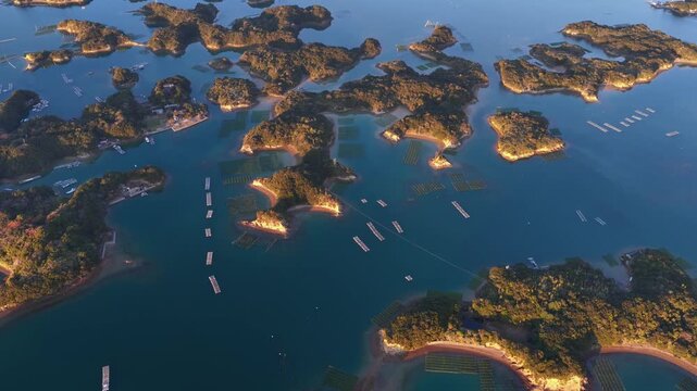 Sunset Aerial over Ago Bay with Forested Islands and Aquaculture, Ise-Shima, Japan