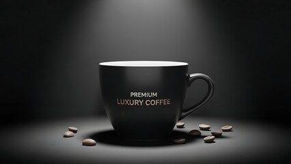 A dark coffee mug with coffee beans and spotlight